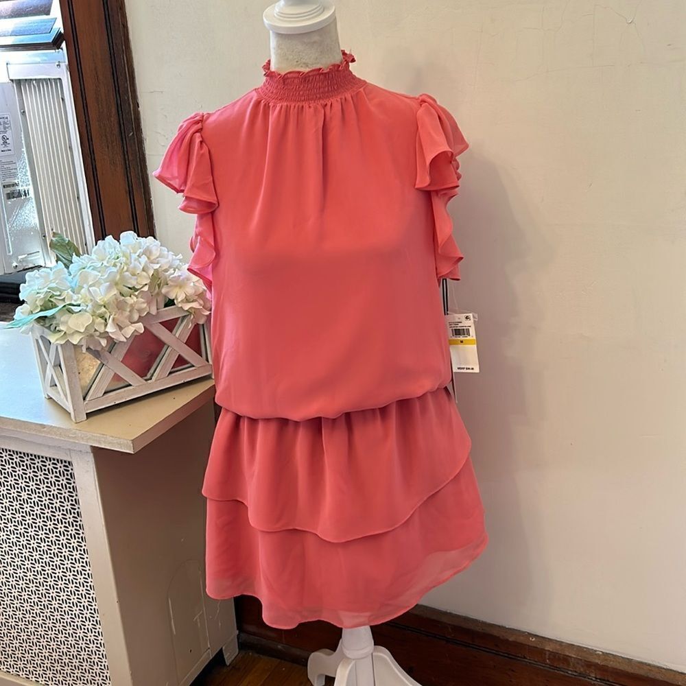 1.State cherry blossom ruffle sleeve tiered dress Gathered waist Size M New